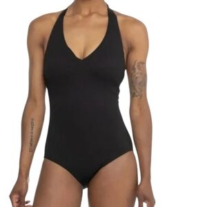 NWT SPANX Pique Shaping Halter One-Piece Swimsuit Very Black